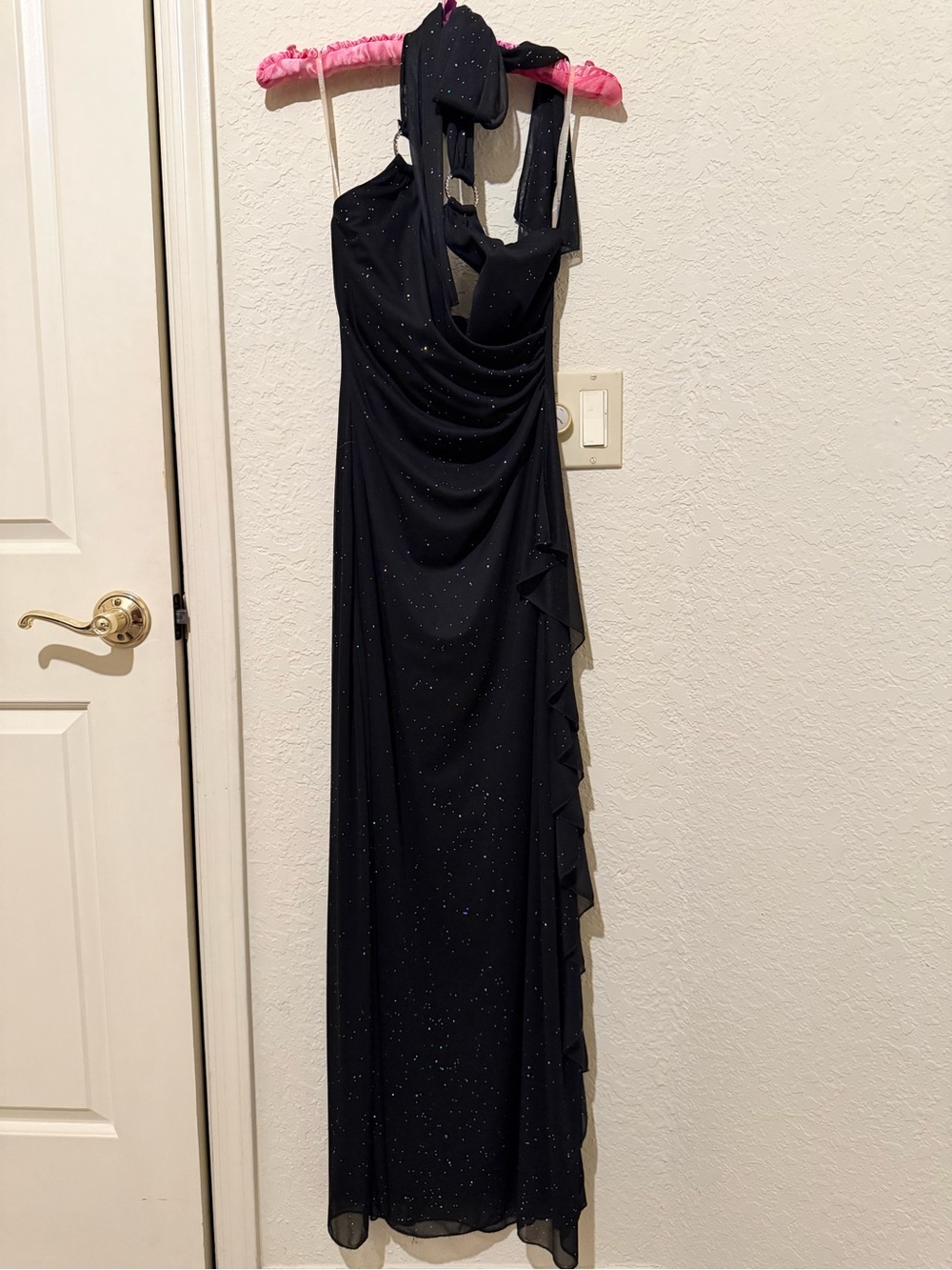 Elegant Black Halter Evening Dress with Colorful Sparkle